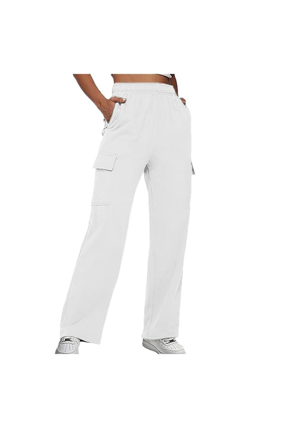 Womens Cargo Pants Solid Color Strappy Trousers Pocket Elastic Waist Straight Pants Ladies Sweatpants Streetwear Jogger Trousers