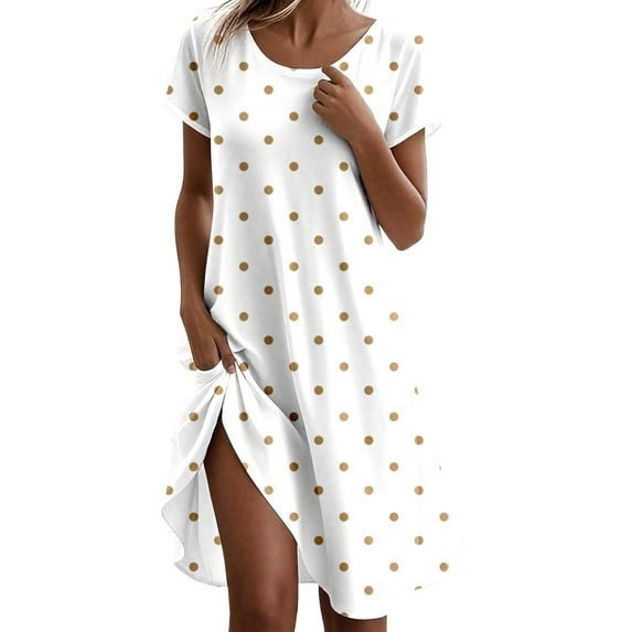 Jamsmile Womens Casual Dress Summer Bohemian Style Flowers Print Round Neck Polka Dots Print A Line Boho Party Sundress