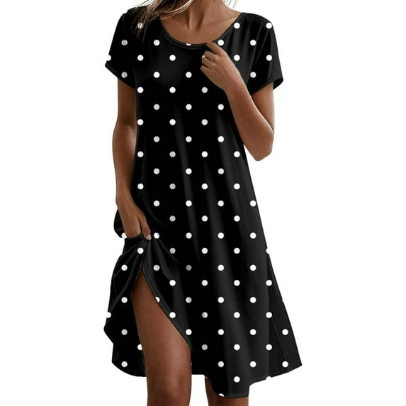 Jamsmile Womens Casual Dress Summer Bohemian Style Flowers Print Round Neck Polka Dots Print A Line Boho Party Sundress