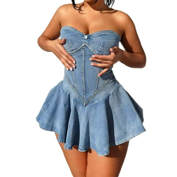 Jamsmile Womens Denim Mini Dress Casual Y2k Straplss Off Shoulder Slim Fit Denim Mini Dresses Summer Party Club Harajuku Dress