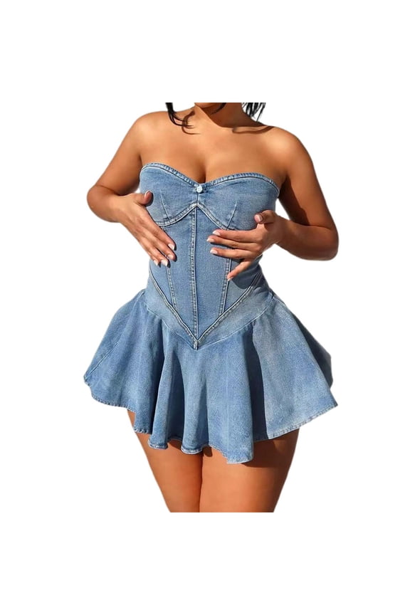 Womens Denim Mini Dress Casual Y2k Straplss Off Shoulder Slim Fit Denim Mini Dresses Summer Party Club Harajuku Dress