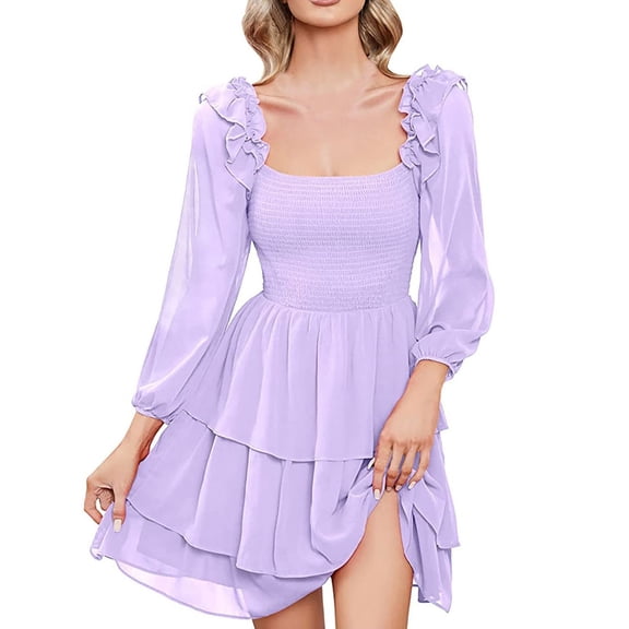 Jamsmile Womens Dress Casual Summer Square Collar Puffy Sleeve Ruffled Hem Dresses Ruched Slim High Waist Party A-Line Dress