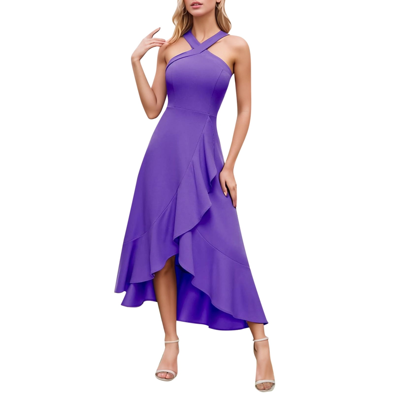 Jamsmile Womens Dress Solid Color Halter Cross Strap Ruffles Hem High Split Party Long Dresses Elegant Ladies Slim Fit Party Dress