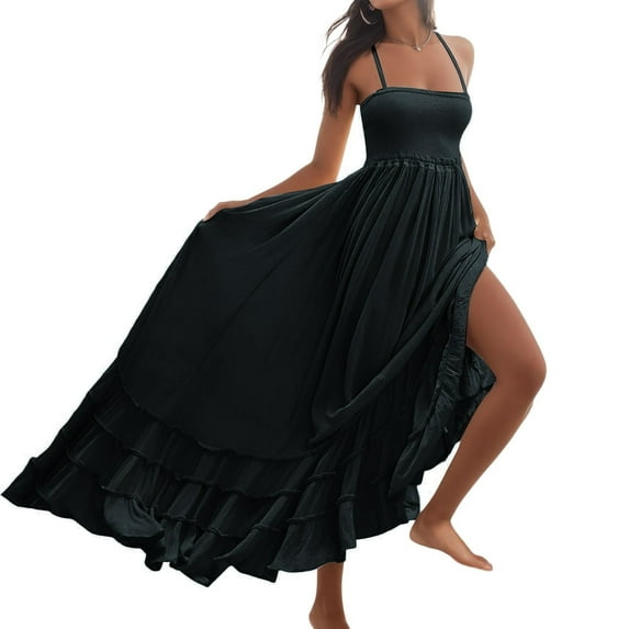 Jamsmile Womens Dress Spaghetti Strap Backless Bohemian Beach Long Dresses Casual Solid Color Cotton Party Maxi Dress