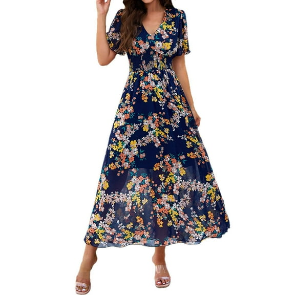 Jamsmile Womens Dress Summer Bohemian Style Floral Print Short Sleeve Dresses Casual High Waist Flowy Beach Boho Sundress