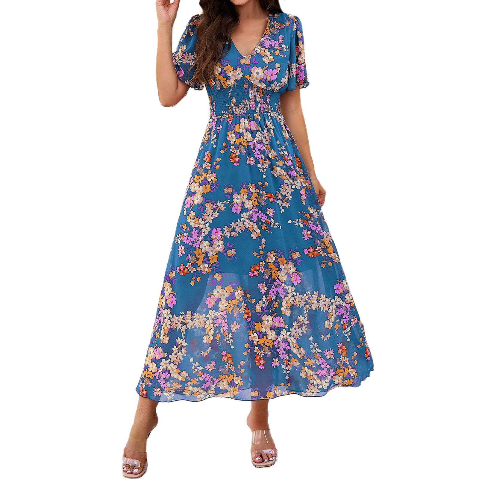 Jamsmile Womens Dress Summer Bohemian Style Floral Print Short Sleeve Dresses Casual High Waist Flowy Beach Boho Sundress
