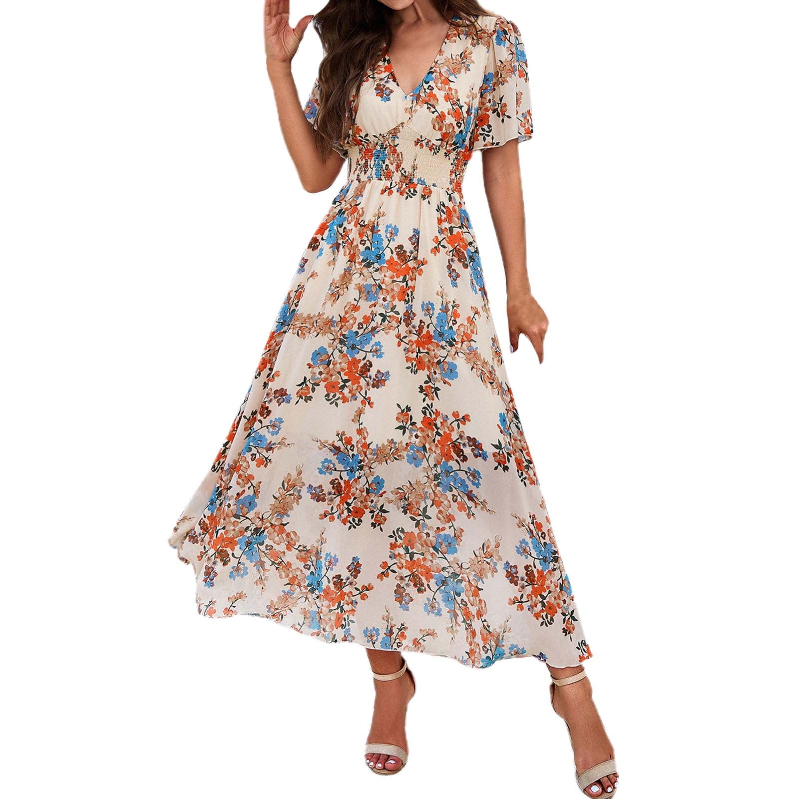 Jamsmile Womens Dress Summer Bohemian Style Floral Print Short Sleeve Dresses Casual High Waist Flowy Beach Boho Sundress