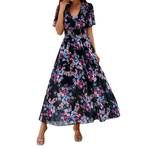 Jamsmile Womens Dress Summer Bohemian Style Floral Print Short Sleeve Dresses Casual High Waist Flowy Beach Boho Sundress