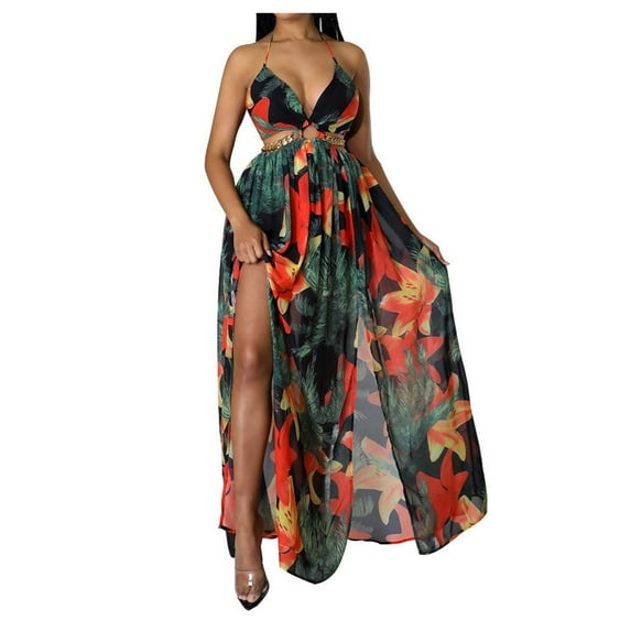 Jamsmile Womens Dress Summer Chic Halterneck Floral Print Spaghetti Strap Maxi Dresses Flowy Beach Party Slit Boho Sundress