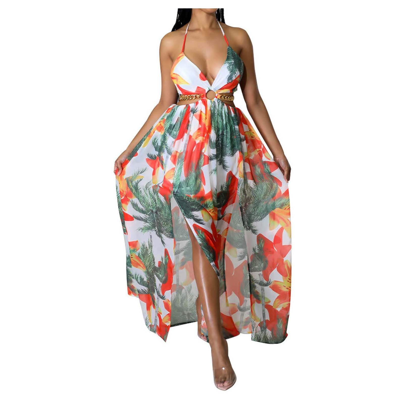 Jamsmile Womens Dress Summer Chic Halterneck Floral Print Spaghetti Strap Maxi Dresses Flowy Beach Party Slit Boho Sundress