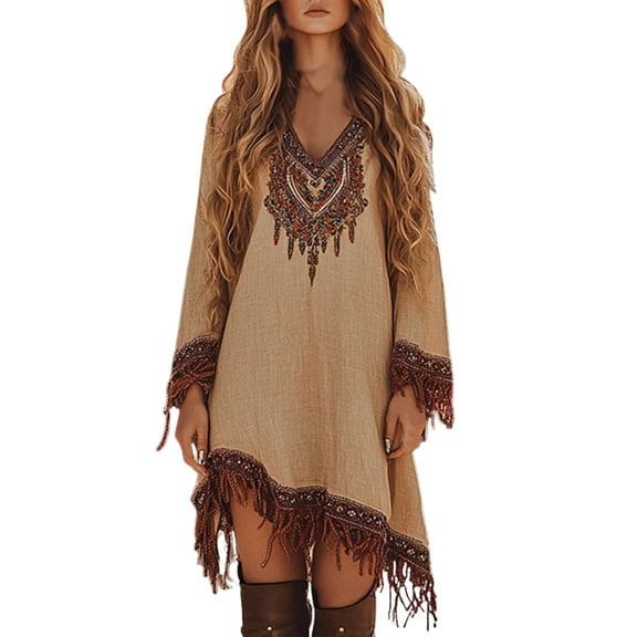 Jamsmile Womens Dress Summer Elegant Casual Vintage Style Long Sleeve Tassels Irregular Hem Dresses A Line Loose Fit Sundress