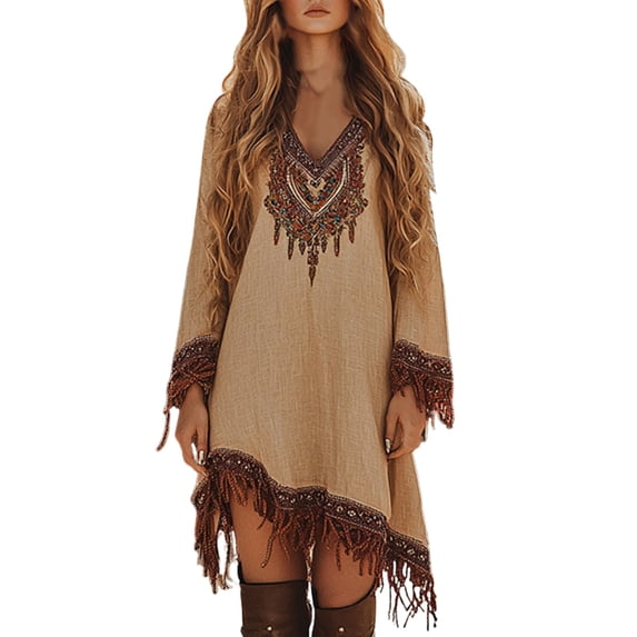 Jamsmile Womens Dress Summer Elegant Casual Vintage Style Long Sleeve Tassels Irregular Hem Dresses A Line Loose Fit Sundress