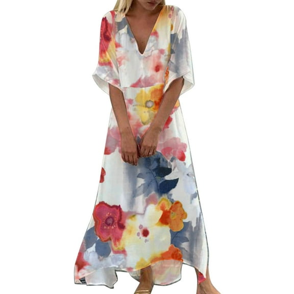 Jamsmile Womens Dress Summer Marble Floral Print Maxi Dresses Casual Half Sleeve Flowy Boho Holiday Long Tunic Sundress