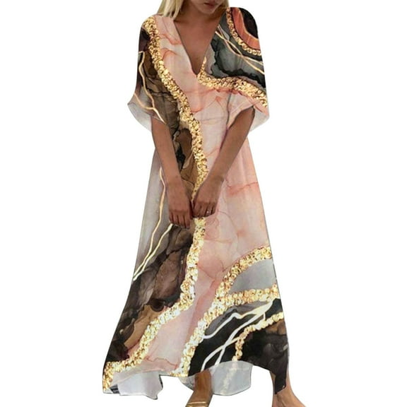 Jamsmile Womens Dress Summer Marble Floral Print Maxi Dresses Casual Half Sleeve Flowy Boho Holiday Long Tunic Sundress