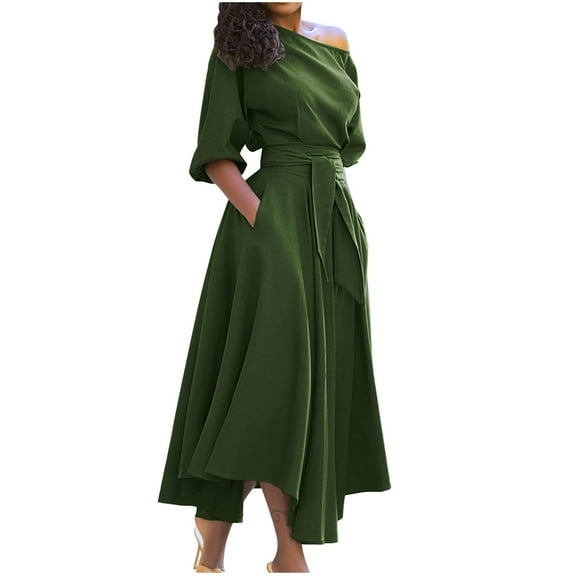 Jamsmile Womens Dress Summer Off Shoulder Long Sleeve Irregular Hem A-Line Maxi Dress With Belt Elegant Ladies Party Dresses