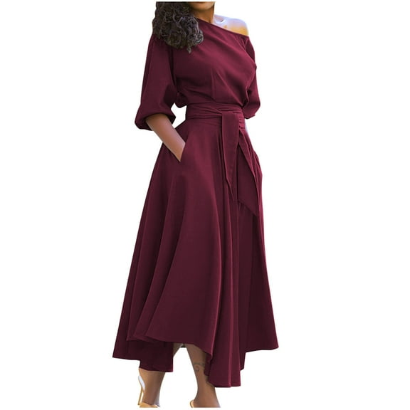 Jamsmile Womens Dress Summer Off Shoulder Long Sleeve Irregular Hem A-Line Maxi Dress With Belt Elegant Ladies Party Dresses