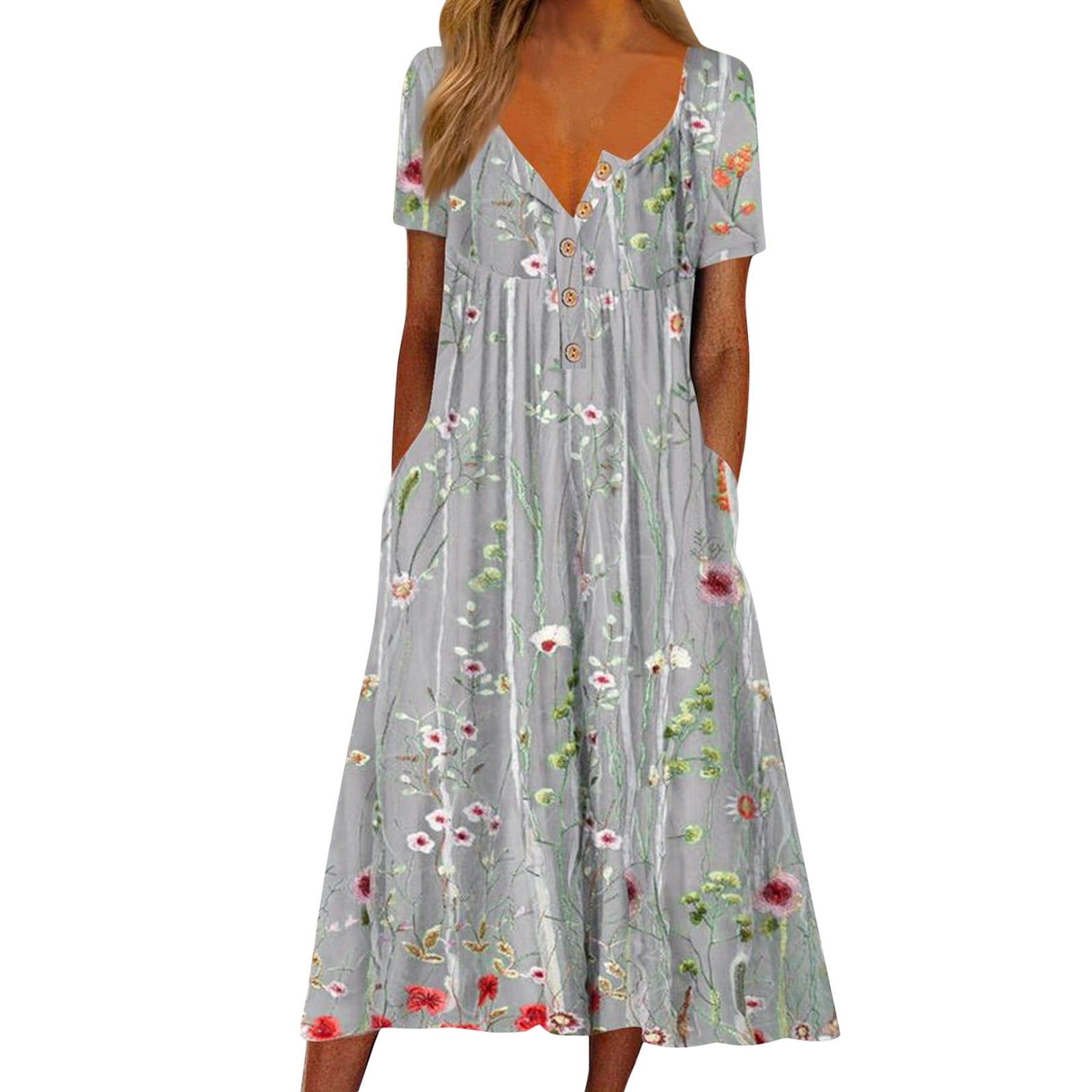 Jamsmile Womens Dress Summer Short Sleeve Long Casual Flowers Print Button Round Neck Dresses Loose Beach Boho Holiday Sundress