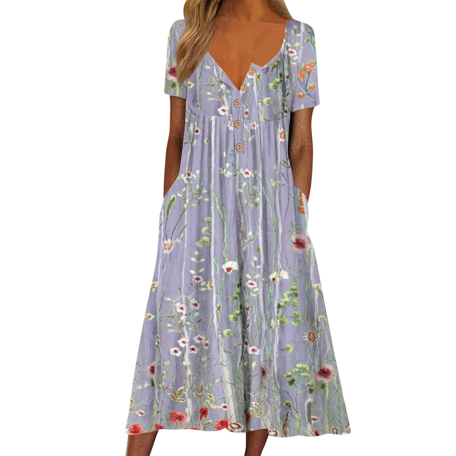 Jamsmile Womens Dress Summer Short Sleeve Long Casual Flowers Print Button Round Neck Dresses Loose Beach Boho Holiday Sundress