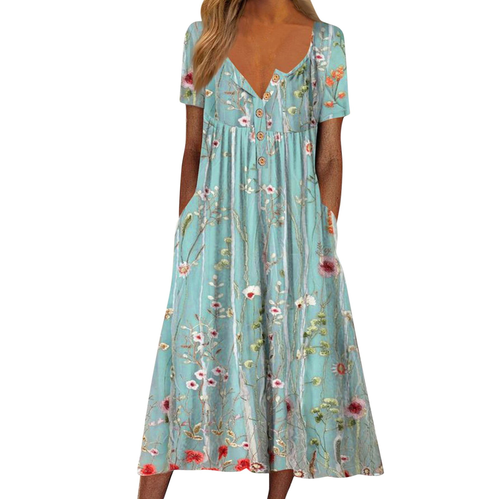 Jamsmile Womens Dress Summer Short Sleeve Long Casual Flowers Print Button Round Neck Dresses Loose Beach Boho Holiday Sundress