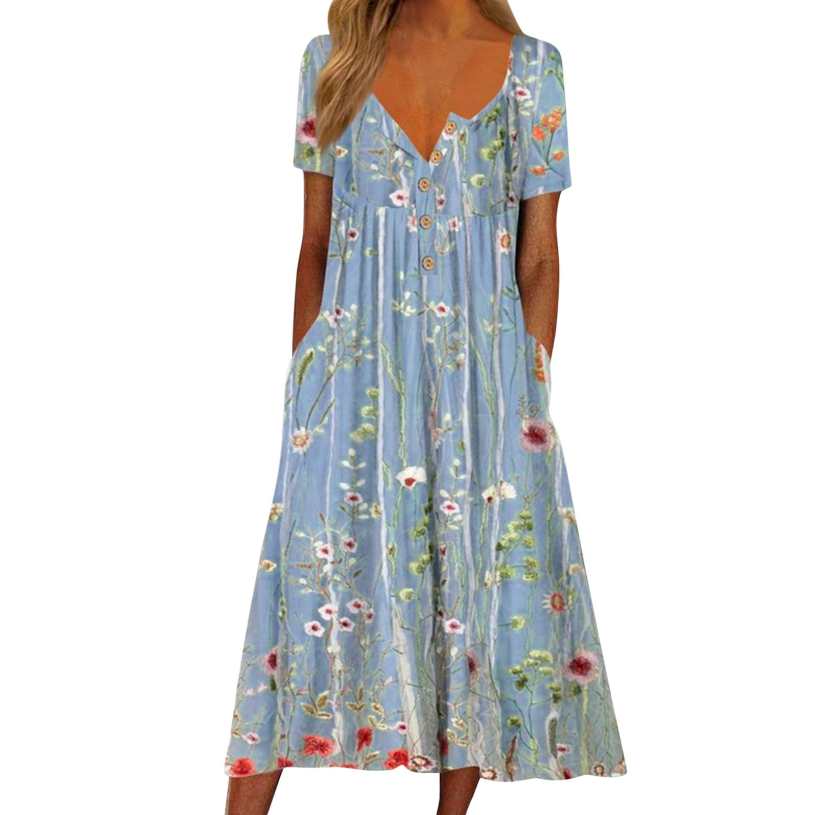 Jamsmile Womens Dress Summer Short Sleeve Long Casual Flowers Print Button Round Neck Dresses Loose Beach Boho Holiday Sundress