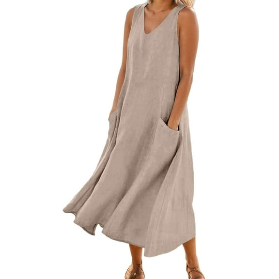 Jamsmile Womens Dress Summer Solid Color Sleeveless Elegant Loose Fit Casual Maxi Dresses With Pockets Daily Tshirts HolidaySundress