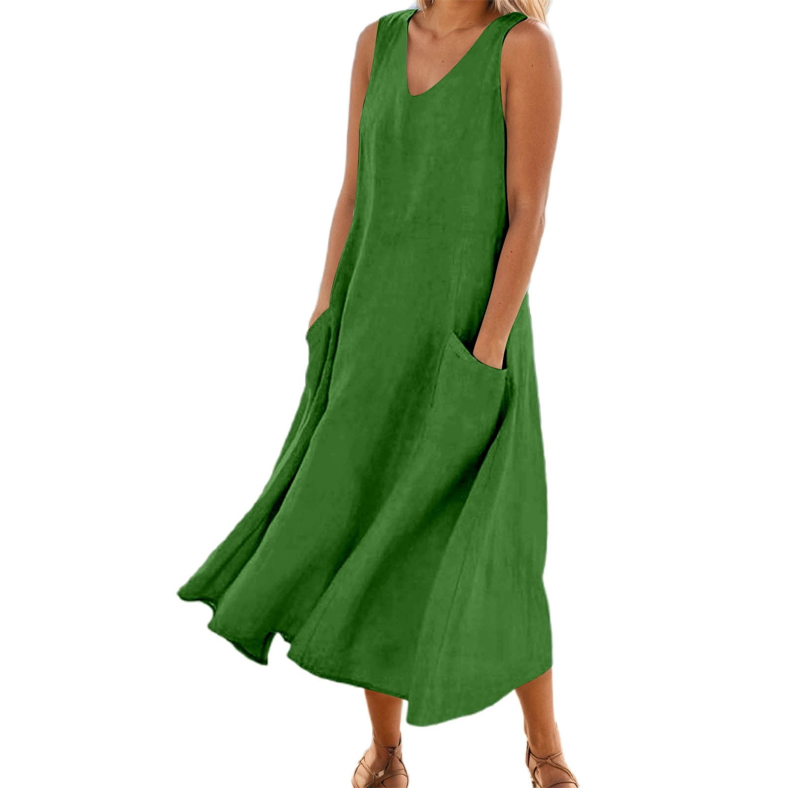 Jamsmile Womens Dress Summer Solid Color Sleeveless Elegant Loose Fit Casual Maxi Dresses With Pockets Daily Tshirts HolidaySundress