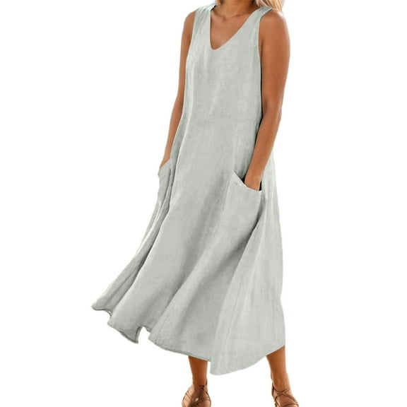 Jamsmile Womens Dress Summer Solid Color Sleeveless Elegant Loose Fit Casual Maxi Dresses With Pockets Daily Tshirts HolidaySundress