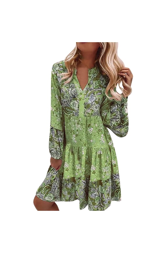 Womens Dress Summer Vintage Ethnic Style Print Tassel Tie Neck Loose Sundress Bohemian Style Beach Tunic Dress