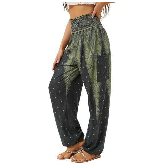 Jamsmile Womens Harlan Pants High Waist Bohemian Style Vintage Floral Print Casual Pants Elastic Waist Long Beach Trousers