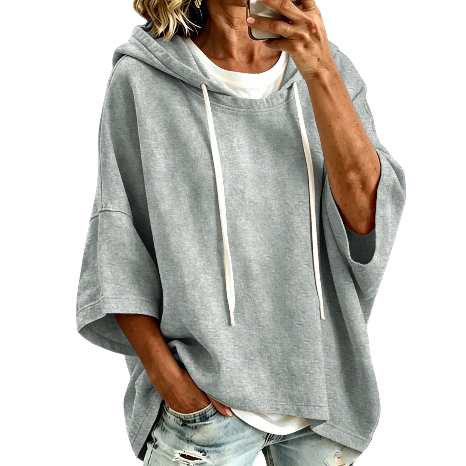 Jamsmile Womens Hoodie Short Sleeve Pullovers With Pockets Oversized ...
