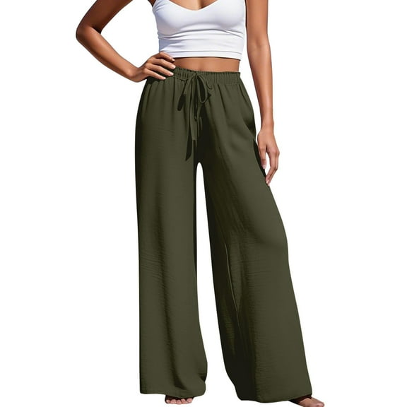 Jamsmile Womens Pants Casual Drawstrings Straight Wide Leg Long Pants Comfortable Spring Summer Lounge Beach Trousers