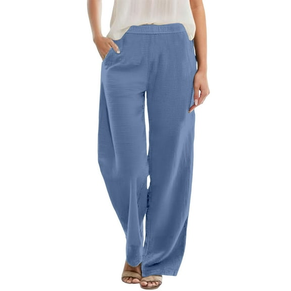 Jamsmile Womens Pants Casual Solid Color Wide Leg Pants With Pockets Loose Elastic Waist Vacation Beach Long Trousers
