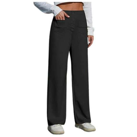 Jamsmile Womens Pants High Elastic Waisted Trousers Straight Wide Leg Pants Buttons Down Casual Trousers With Pockets Jogger