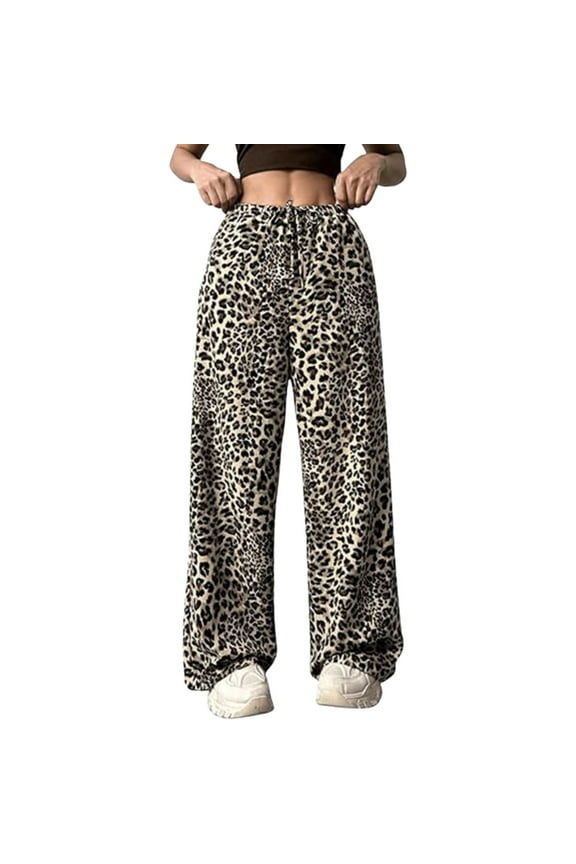 Womens Pants Leopard Print Elastic Waisted Drawstrings Casual Pants Straight Summer Wide Leg Loose Trousers