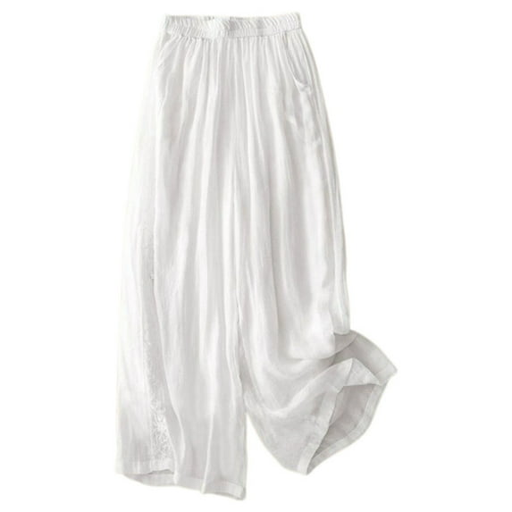 Jamsmile Womens Pants Spring Summer Loose Vintage Elastic Waist Wide Leg Pants Casual Long Pants Beach Straight Trousers