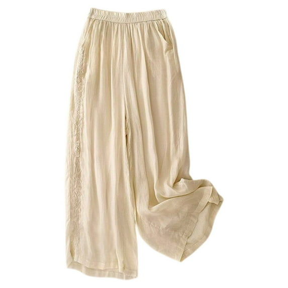 Jamsmile Womens Pants Spring Summer Loose Vintage Elastic Waist Wide Leg Pants Casual Long Pants Beach Straight Trousers