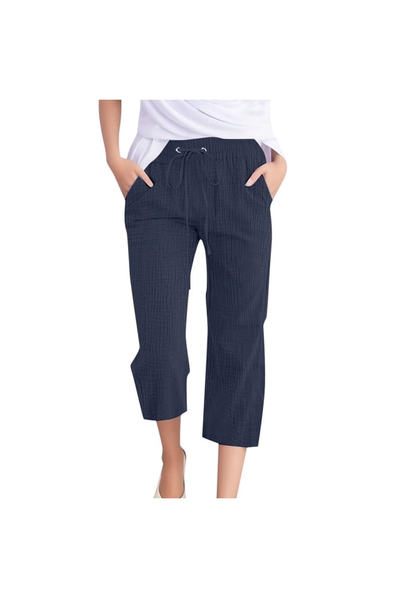 Womens Pants Summer Casual Solid Color Plain Breathable 7/8 Cropped Pants Elastic Waist Soft Loose Beach Trousers