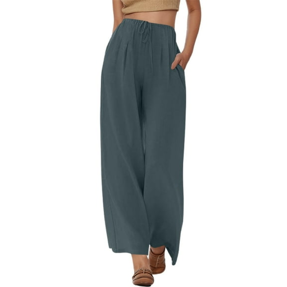 Jamsmile Womens Pants Summer High Waisted Drawstrings Linen Wide Leg Beach Pants With Pockets Casual Pure Color Loose Trousers