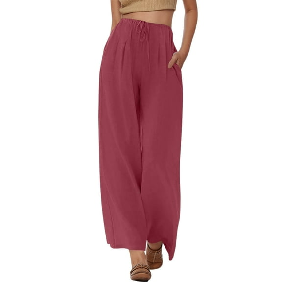 Jamsmile Womens Pants Summer High Waisted Drawstrings Linen Wide Leg Beach Pants With Pockets Casual Pure Color Loose Trousers