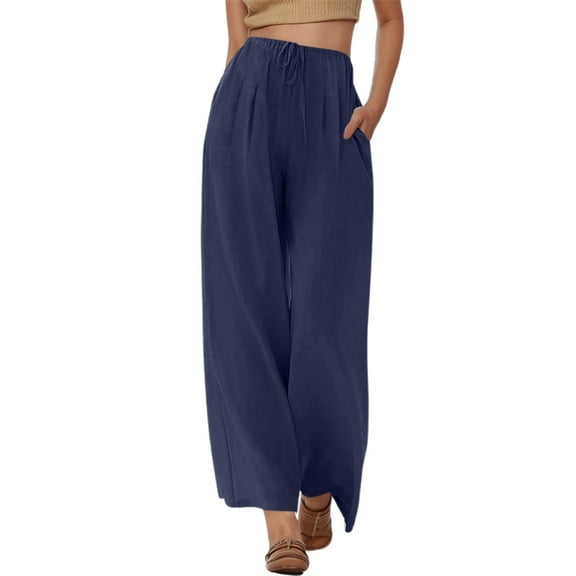 Jamsmile Womens Pants Summer High Waisted Drawstrings Linen Wide Leg Beach Pants With Pockets Casual Pure Color Loose Trousers