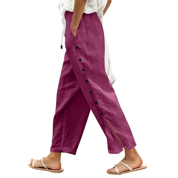 Jamsmile Womens Pants Summer Solid Color Elastic Waist Loose Side Buttons Functional Casual Pants Loose Beach Palazzo Trousers