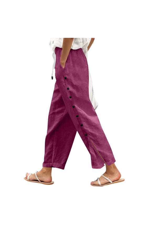 Womens Pants Summer Solid Color Elastic Waist Loose Side Buttons Functional Casual Pants Loose Beach Palazzo Trousers