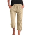 thumbnail image 1 of Jamsmile Womens Pants Summer Solid Color Linen Casual 3/4 Pants With Pockets Drawstrings Elastic Waist Beach Trousers, 1 of 5
