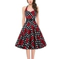 thumbnail image 1 of Jamsmile Womens Rockabilly Dress Summer 1950s Vintage Dresses Brocade Hanging Neck Print Lace Up Waist Tucked Swing Party Dress, 1 of 3