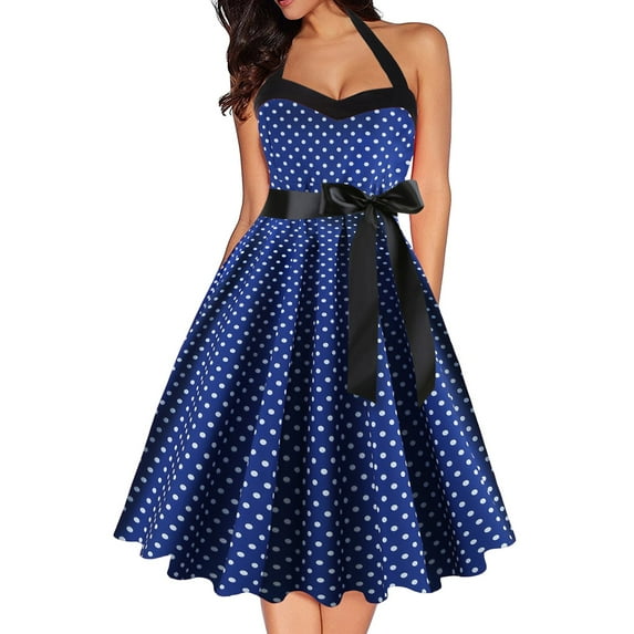 Jamsmile Womens Rockabilly Dress Summer Halter Polka Dot Strapless High Waist Vintage Hanging Neck Dress