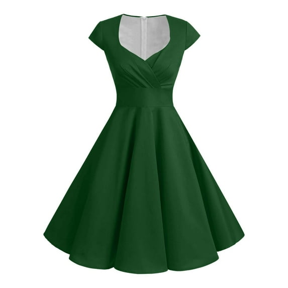 Jamsmile Womens Rockabilly Dress Vintage 1950s Solid Color Swing Party Dresses Casual Party Pure Color Zipper Maxi Dresses