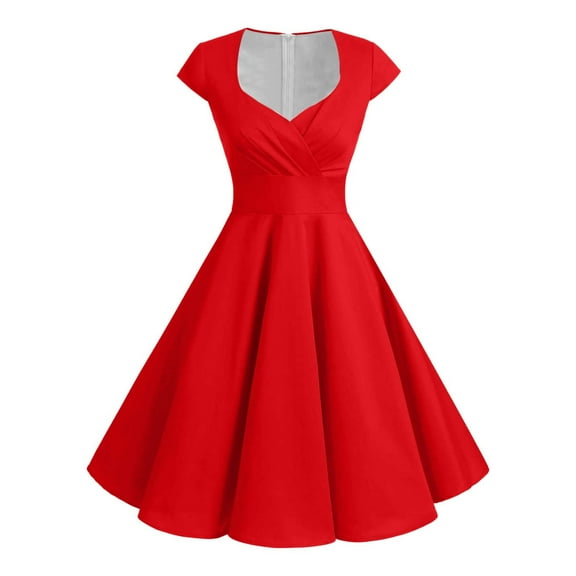 Jamsmile Womens Rockabilly Dress Vintage 1950s Solid Color Swing Party Dresses Casual Party Pure Color Zipper Maxi Dresses
