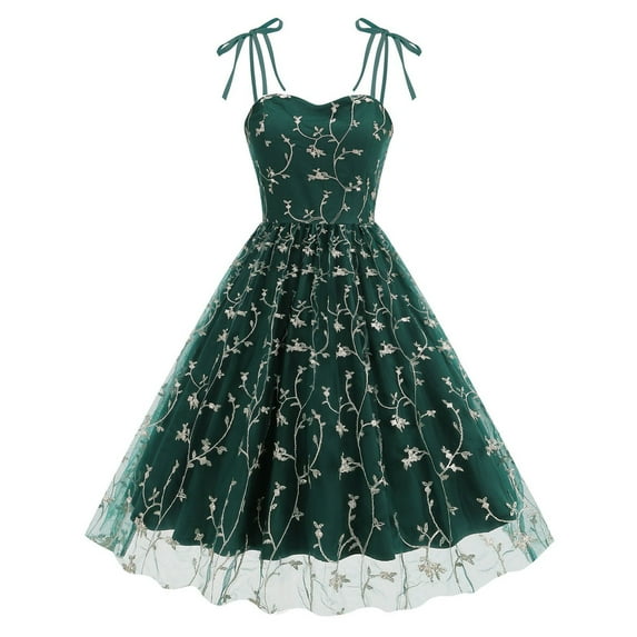 Jamsmile Womens Rockabilly Dress Vintage Elegant Summer Spaghetti Straps Embroidery Mesh Swing A Line Party Swing Dresses