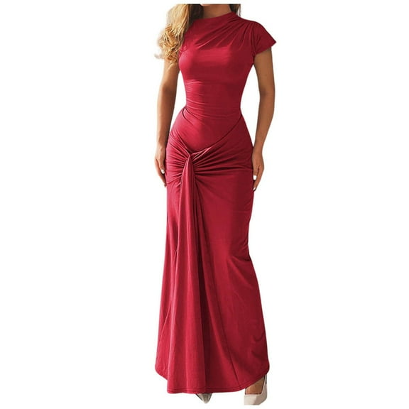 Jamsmile Womens Sheath Maxi Dress Casual Solid Color Slim Fit Pleated Lace Up Short Sleeve Long Dress Twist Knot Party Club Dress