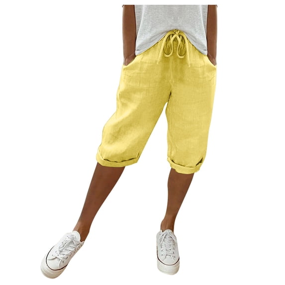 Jamsmile Womens Shorts Summer Solid Color Elastic Waist Drawstrings Casual Pants With Pockets Capris Athletic Comfort Pants